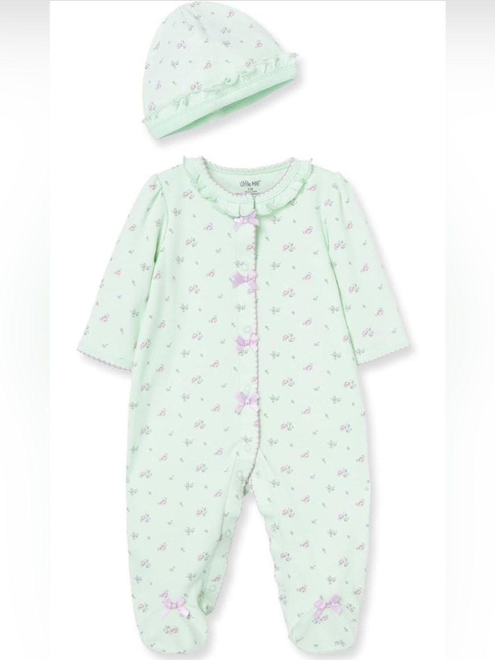 Little Me Mint Green Floral Bow Footed Sleeper with Hat